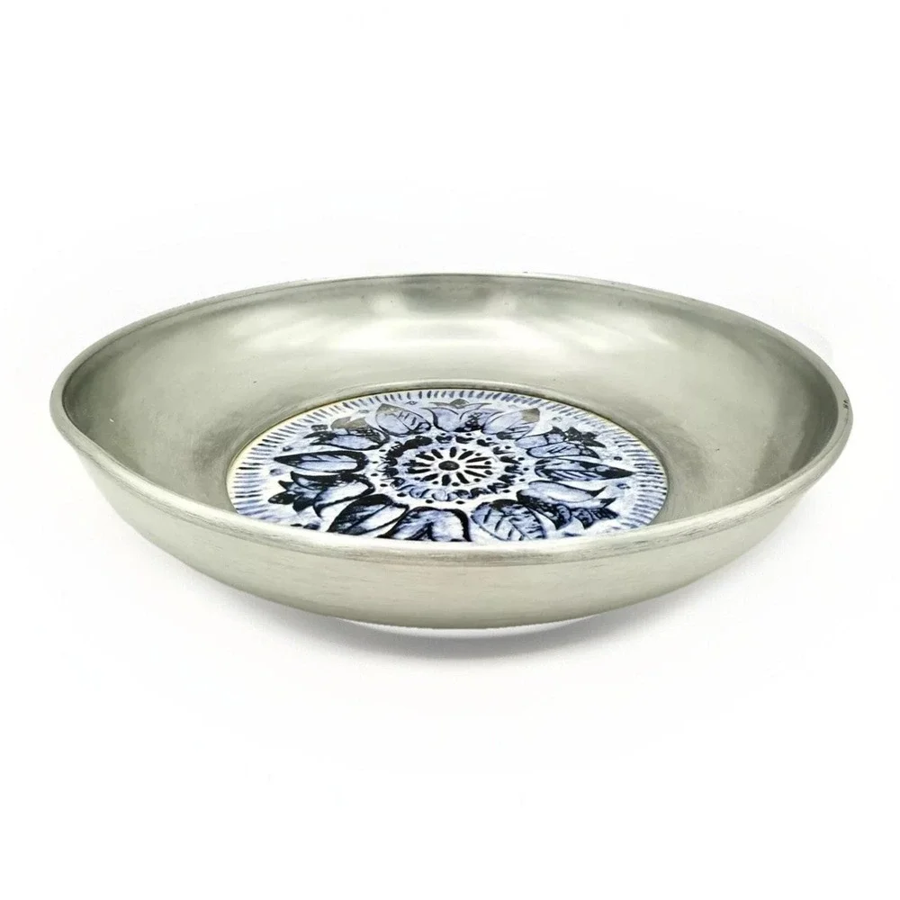 Buenilum Bowl w/Hand-Painted Blue Floral Tile • Mid Century Modern 1950s-60s